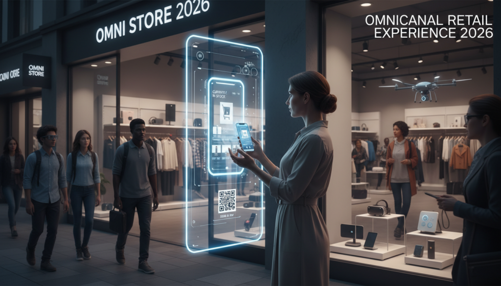 Omnicanalità nel retail 2026: cliente che acquista su smartphone davanti a un negozio fisico