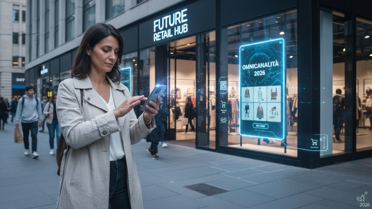 Omnicanalità nel retail 2026: cliente che acquista su smartphone davanti a un negozio fisico