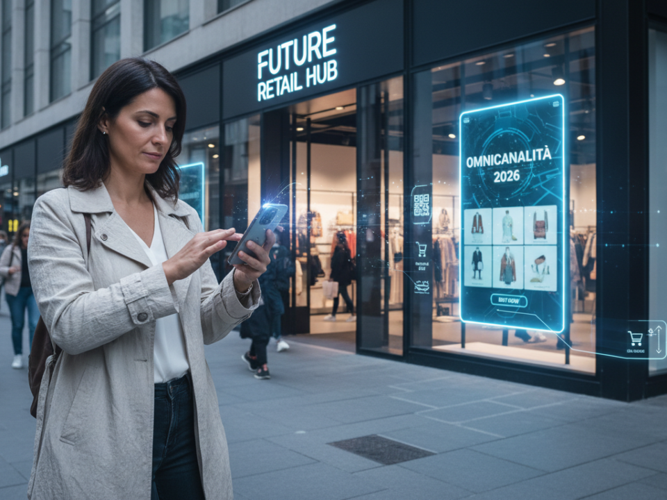 Omnicanalità nel retail 2026: cliente che acquista su smartphone davanti a un negozio fisico